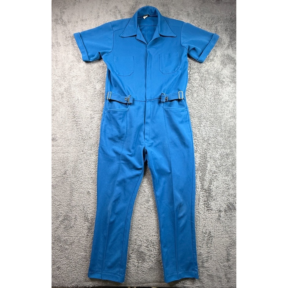 Vintage 70s Walls Leisur-Alls Blue Polyester Jumpsuit Coveralls Belted Talon Zip